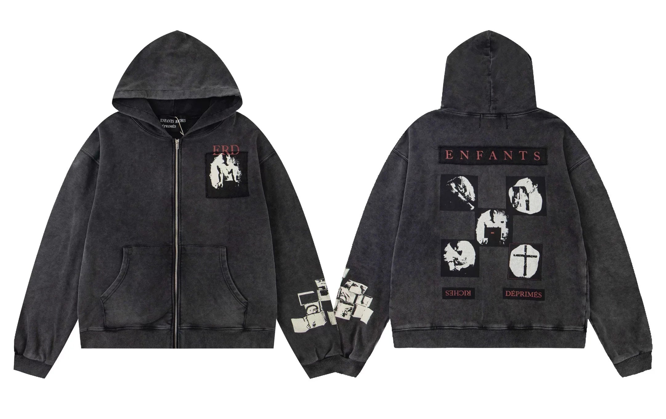 Enfants Riches Déprimés Multi-Panel Photo Zip-Up Hoodie - Washed Black